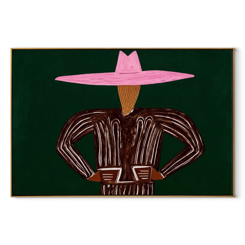 Pink Brim Holds Forest – Pink Hat Brown Figure Painting | Mid-Century Modern Horizontal Wall Art
