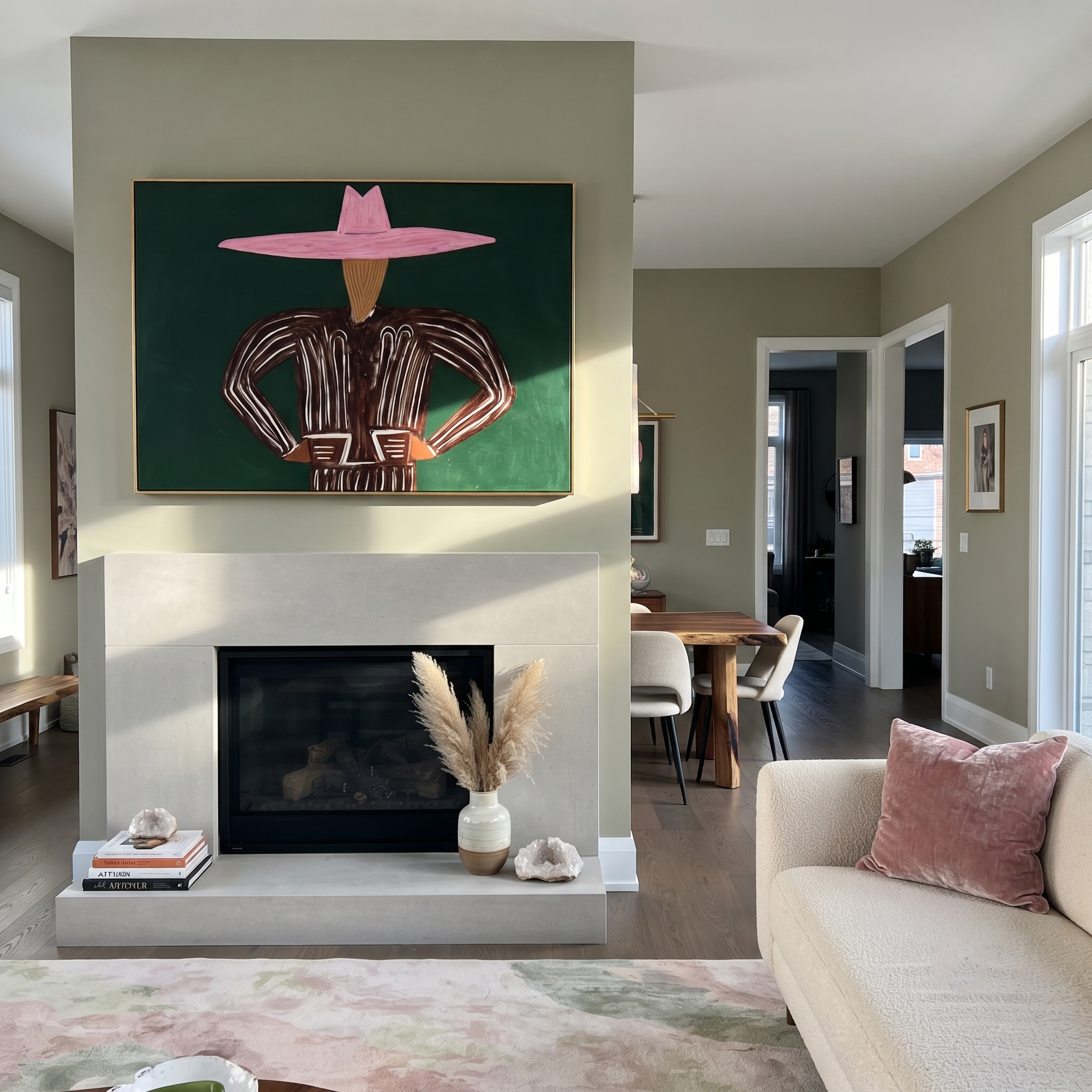 Pink Brim Holds Forest styled in a layered residential interior