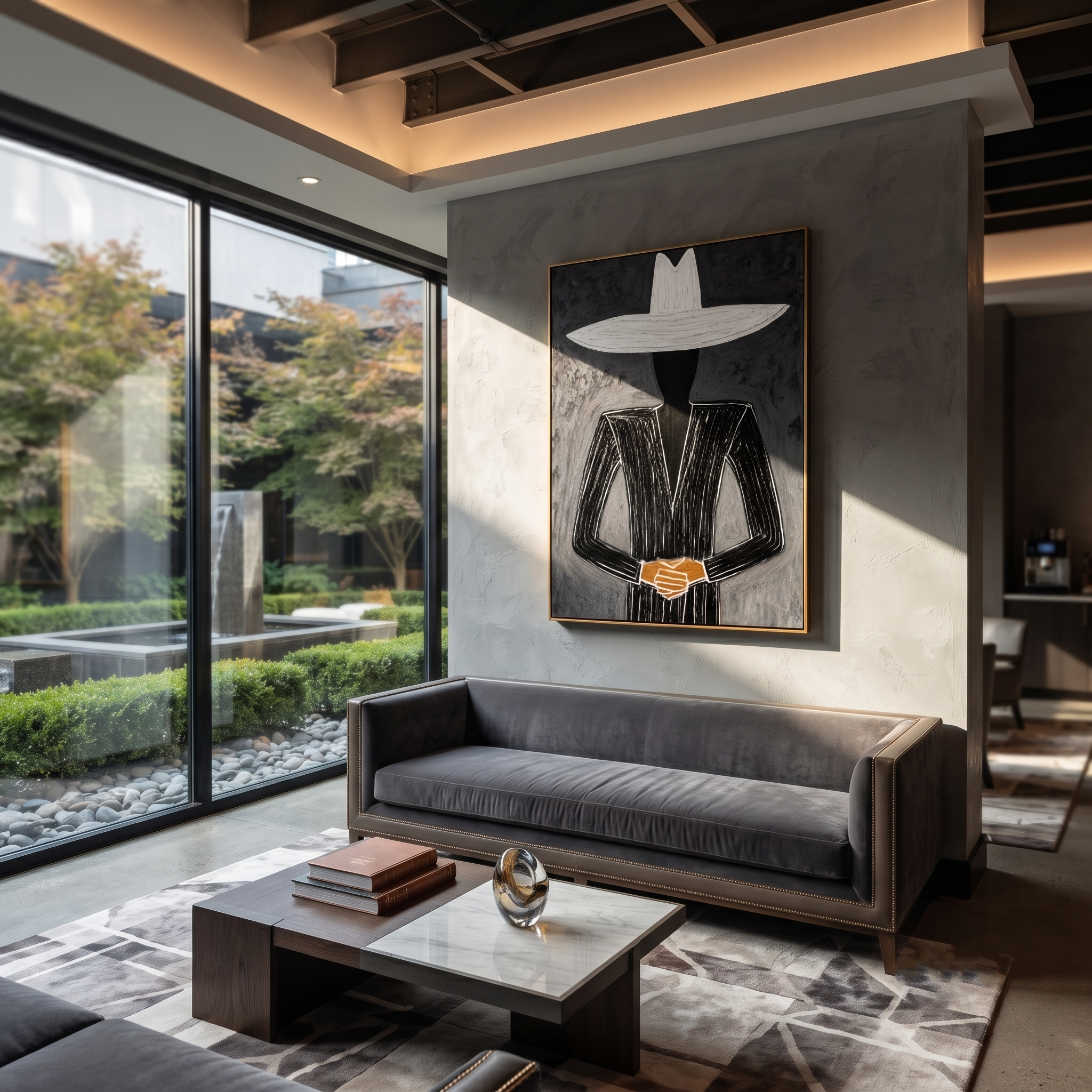 White Horizon Guards Black displayed in a warm contemporary interior