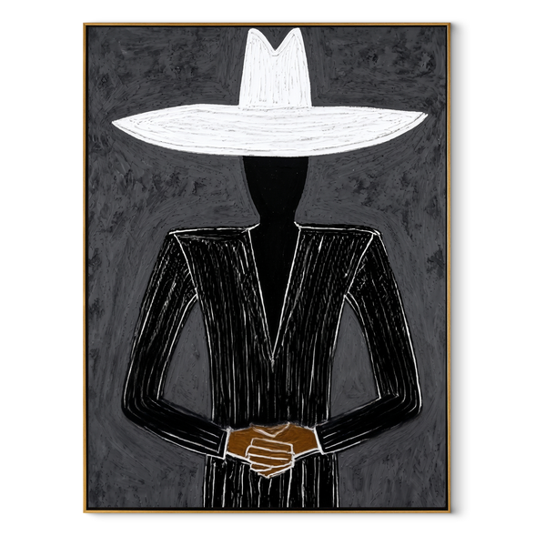 White Horizon Guards Black – Black Figure White Hat Painting | Mid-Century Modern Vertical Wall Art
