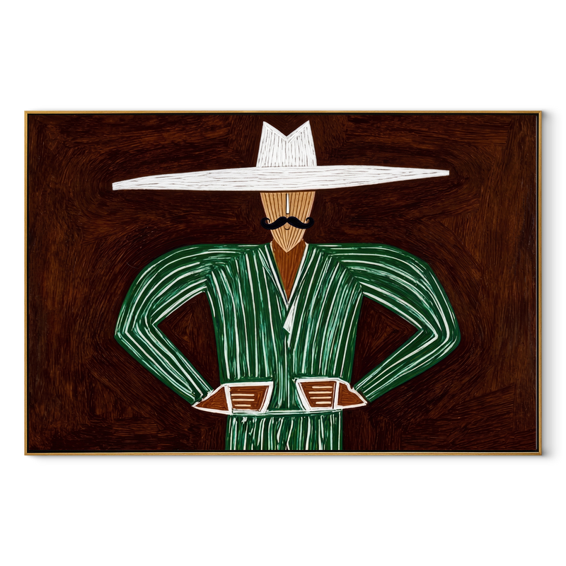 Green Angles Hold Umber – Green Hands on Hips Figure Painting | Mid-Century Modern Horizontal Wall Art