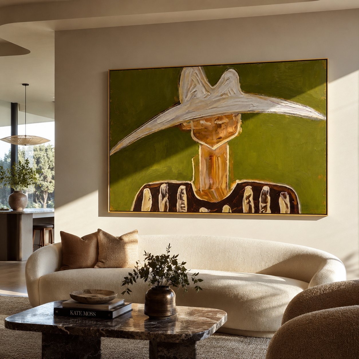 White Crown Meets Moss displayed in a warm contemporary interior