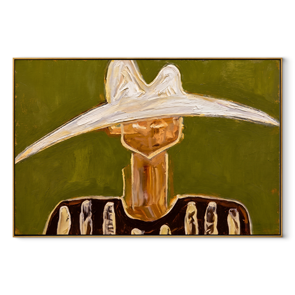 White Crown Meets Moss – White Hat Portrait Painting | Mid-Century Modern Horizontal Wall Art
