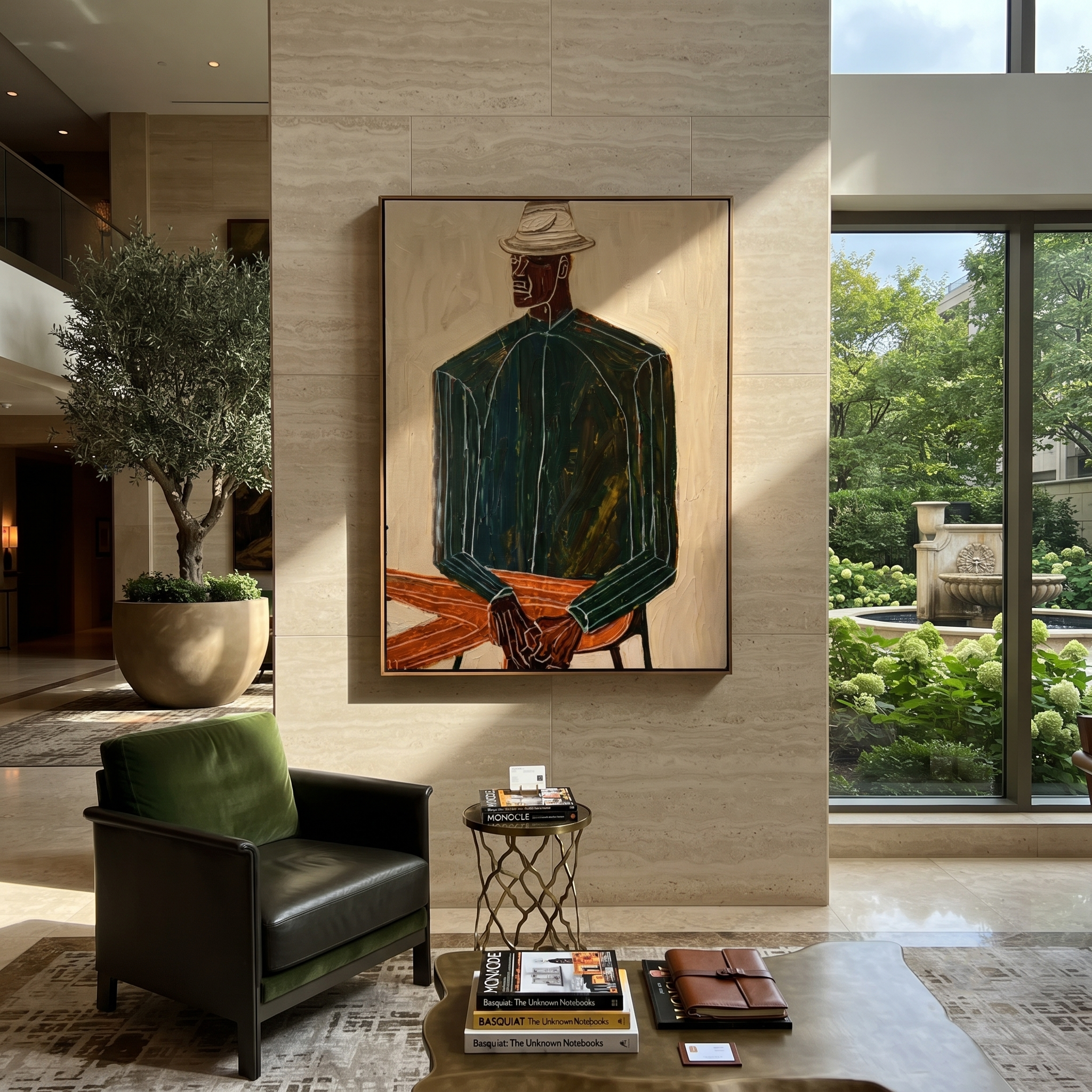 Green Suit Waits Seated displayed in a warm contemporary interior