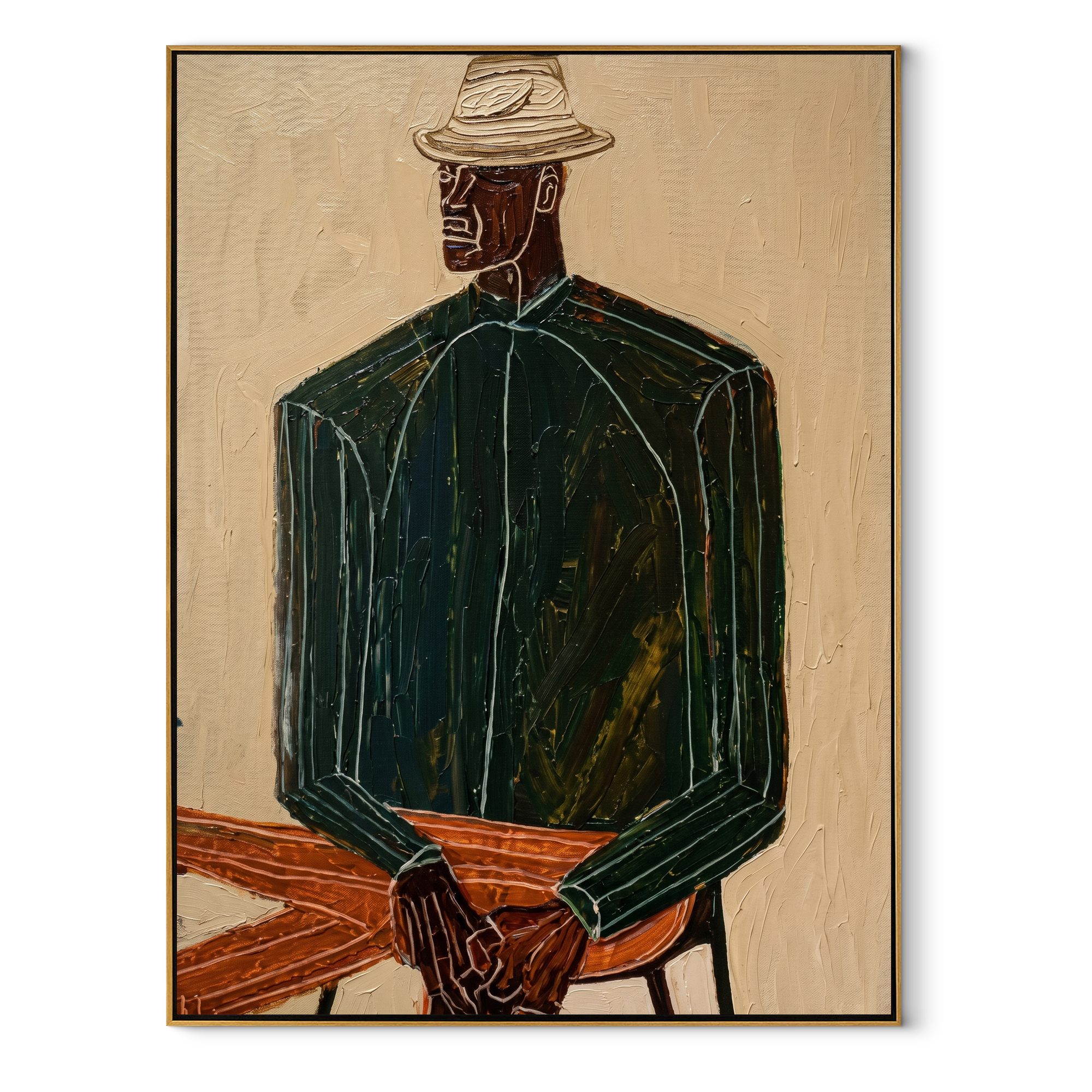 Green Suit Waits Seated abstract figurative textured painting, vertical canvas artwork
