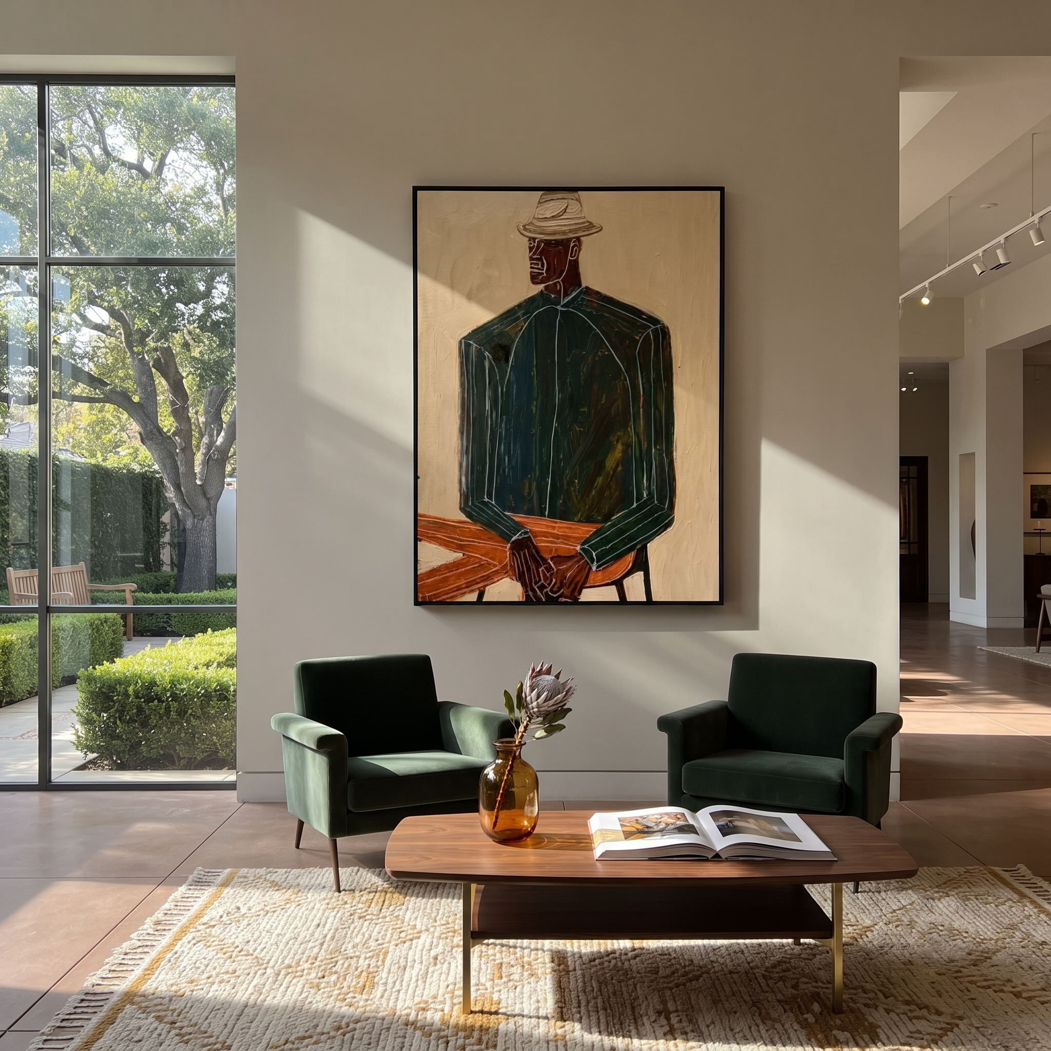 Green Suit Waits Seated styled with neutral modern furnishings