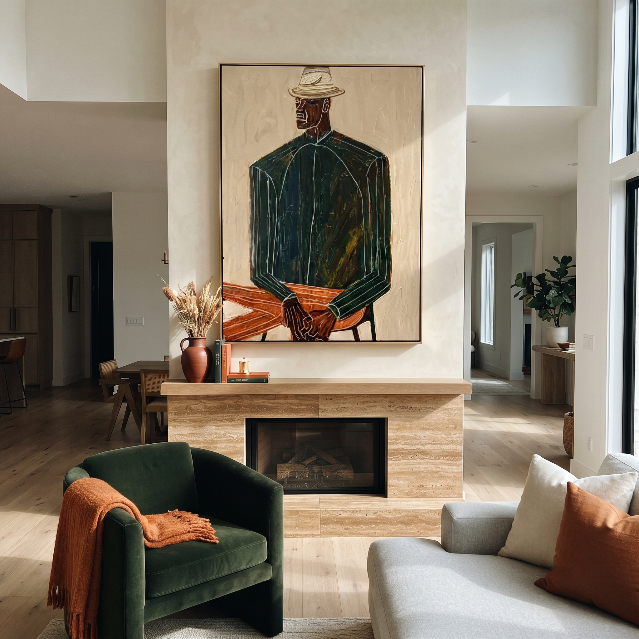 Green Suit Waits Seated presented above a contemporary console