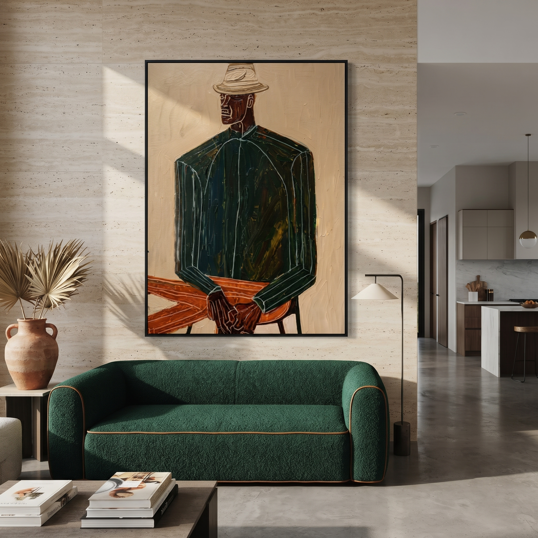 Green Suit Waits Seated displayed as a modern room focal point