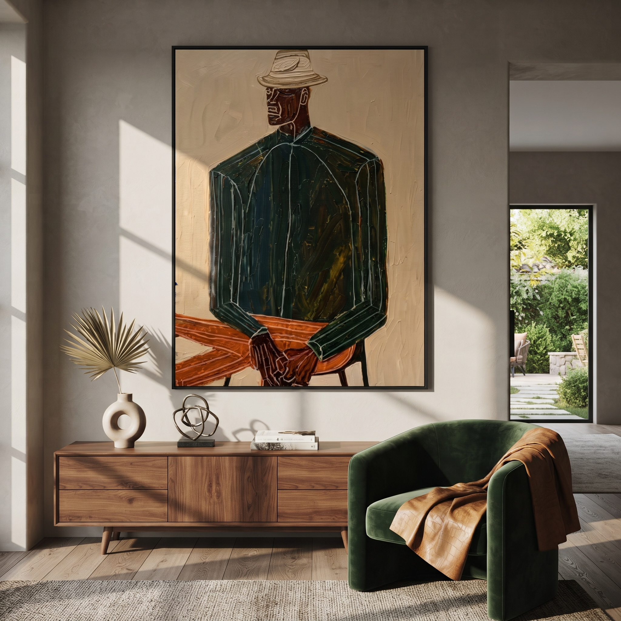 Green Suit Waits Seated styled in a layered residential interior