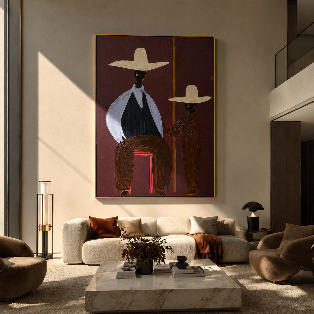 Two Brims Share Burgundy displayed in a warm contemporary interior