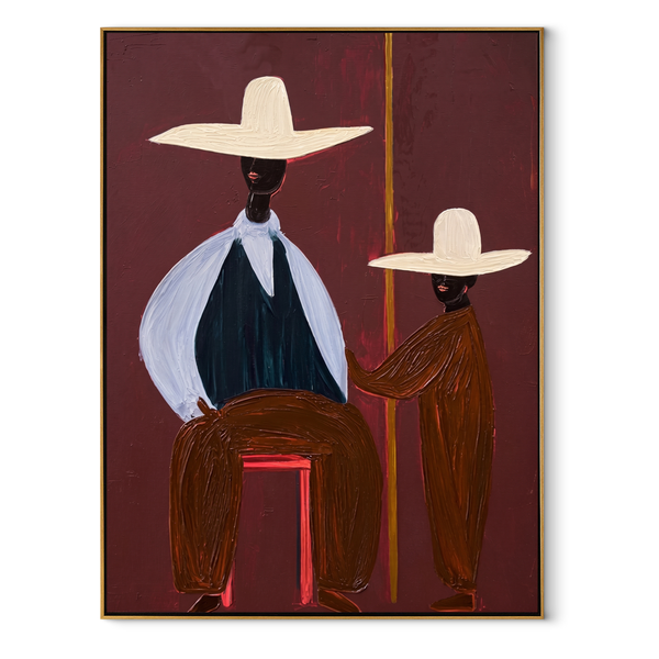 Two Brims Share Burgundy – Paired Hat Figures Painting | Mid-Century Modern Vertical Wall Art