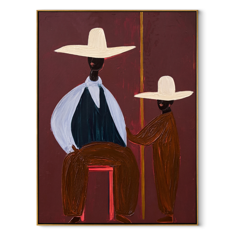Two Brims Share Burgundy – Paired Hat Figures Painting | Mid-Century Modern Vertical Wall Art