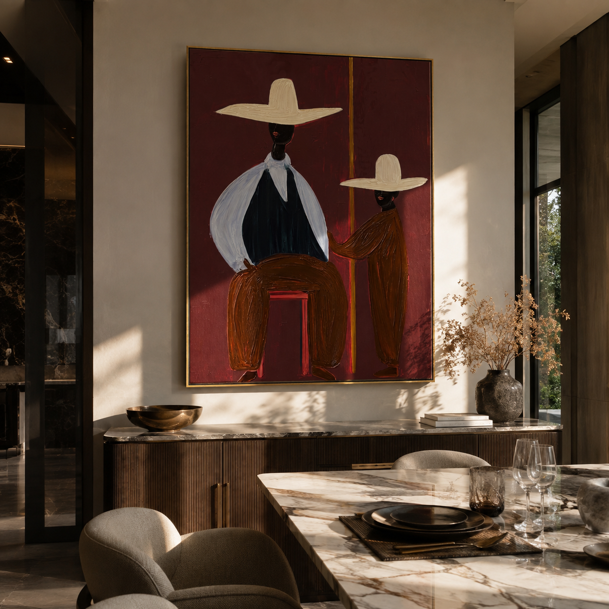 Two Brims Share Burgundy styled with neutral modern furnishings