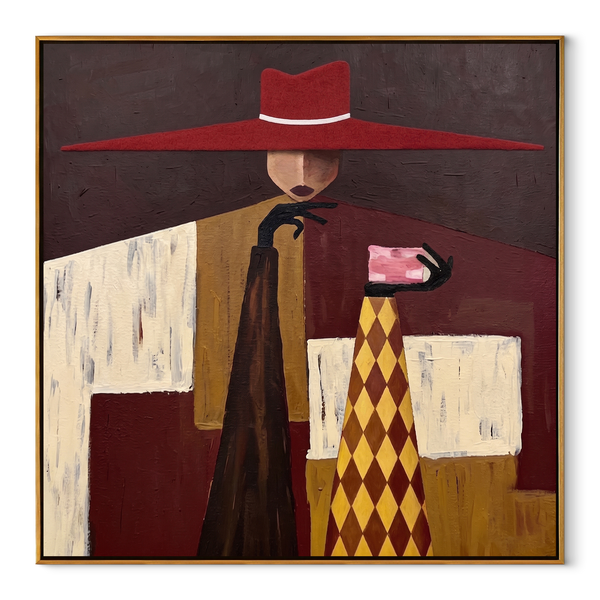 Red Crown Serves Gold – Geometric Server Figure Painting | Mid-Century Modern Square Wall Art