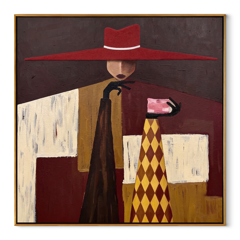 Red Crown Serves Gold – Geometric Server Figure Painting | Mid-Century Modern Square Wall Art