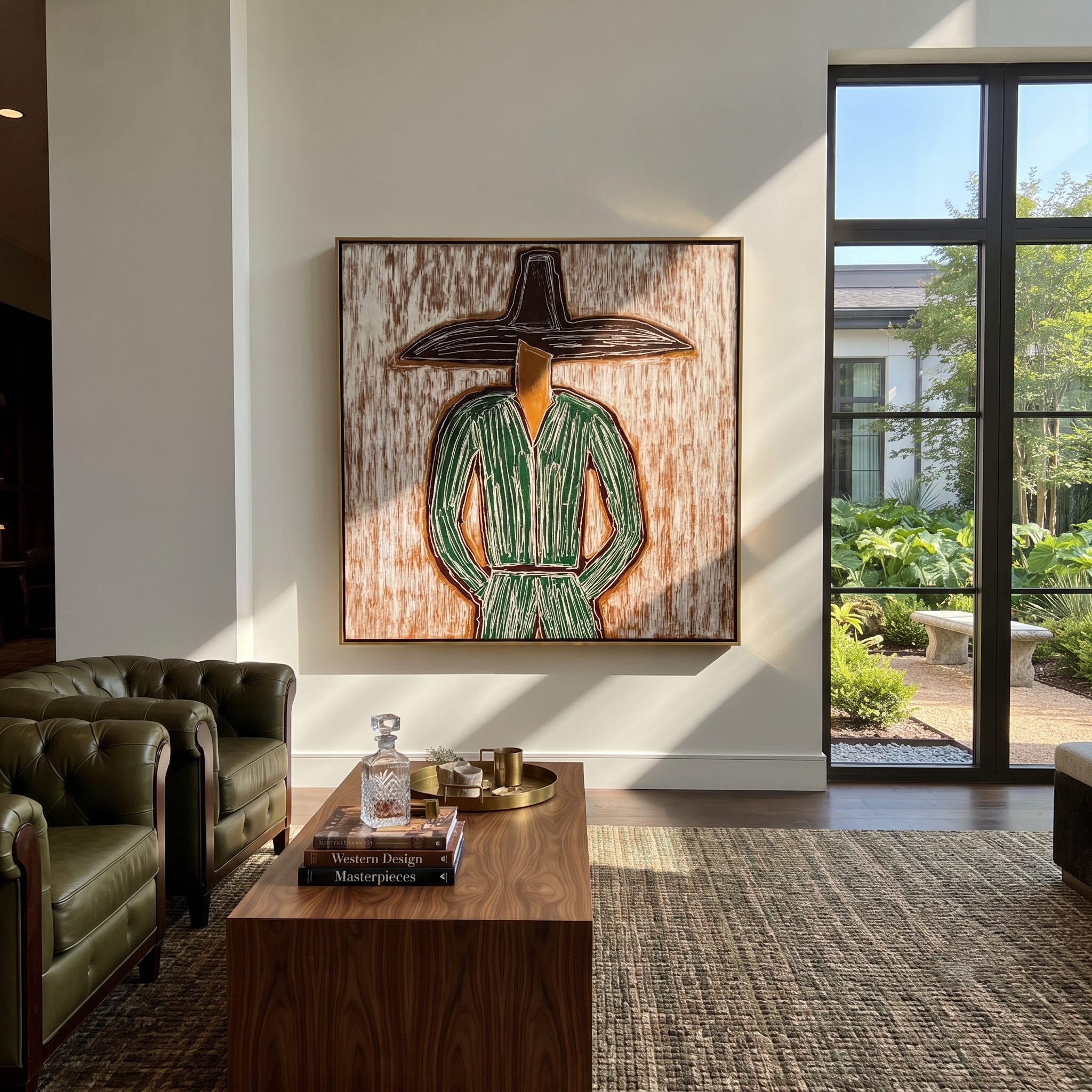 Green Lines Face Earth displayed in a warm contemporary interior