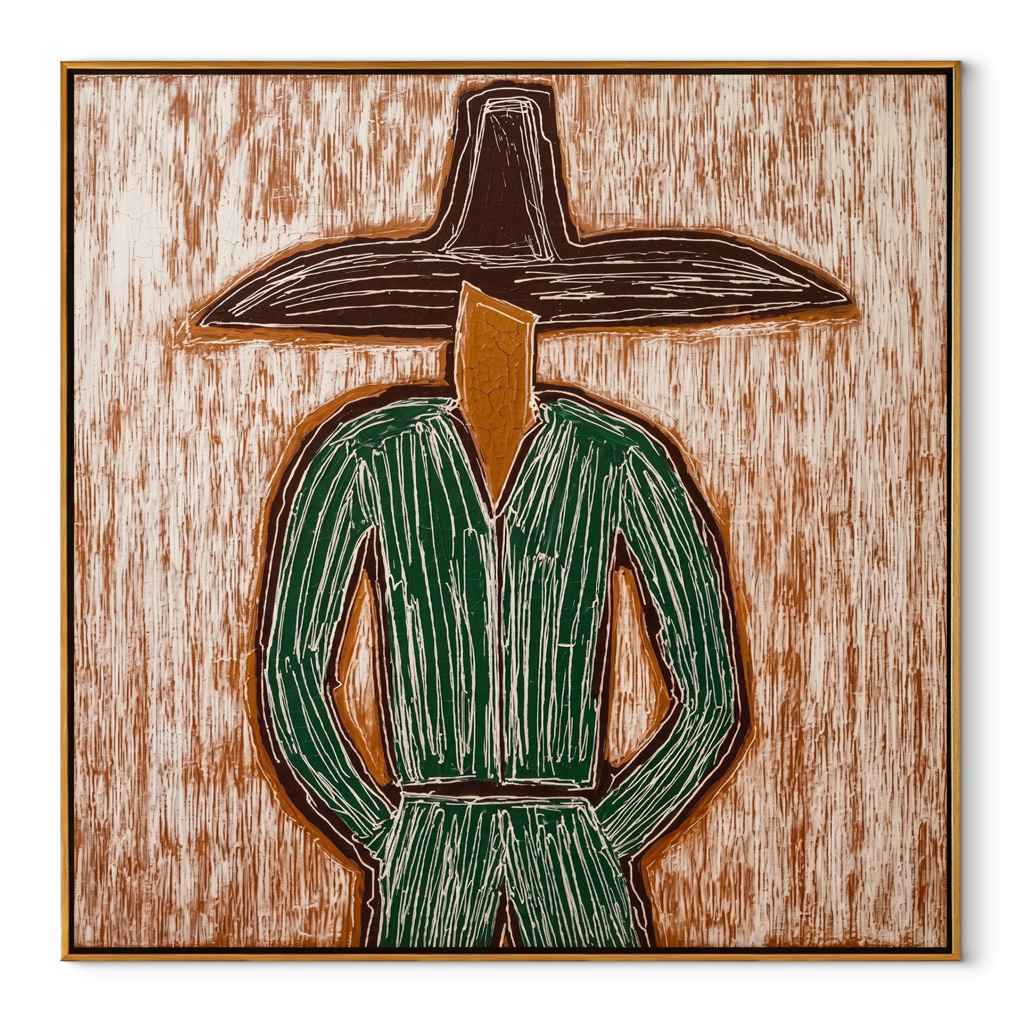 Green Lines Face Earth abstract figurative textured painting, square canvas artwork