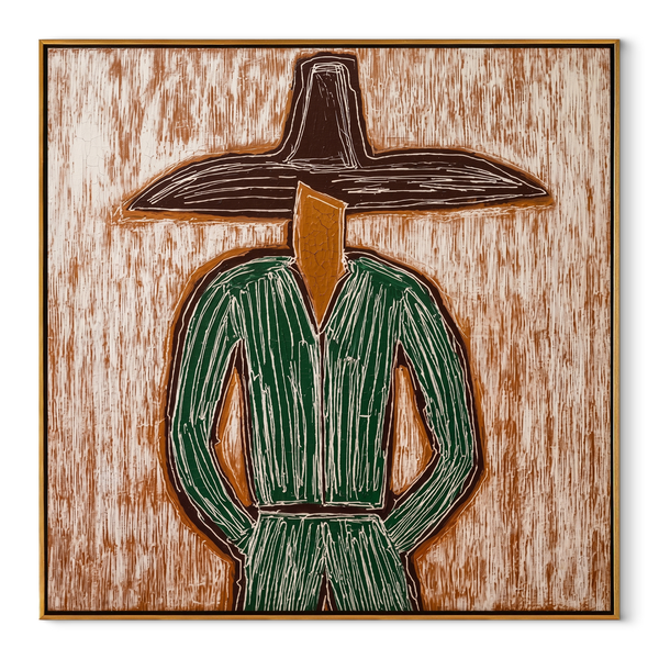 Green Lines Face Earth – Green Etched Figure Painting | Mid-Century Modern Square Wall Art