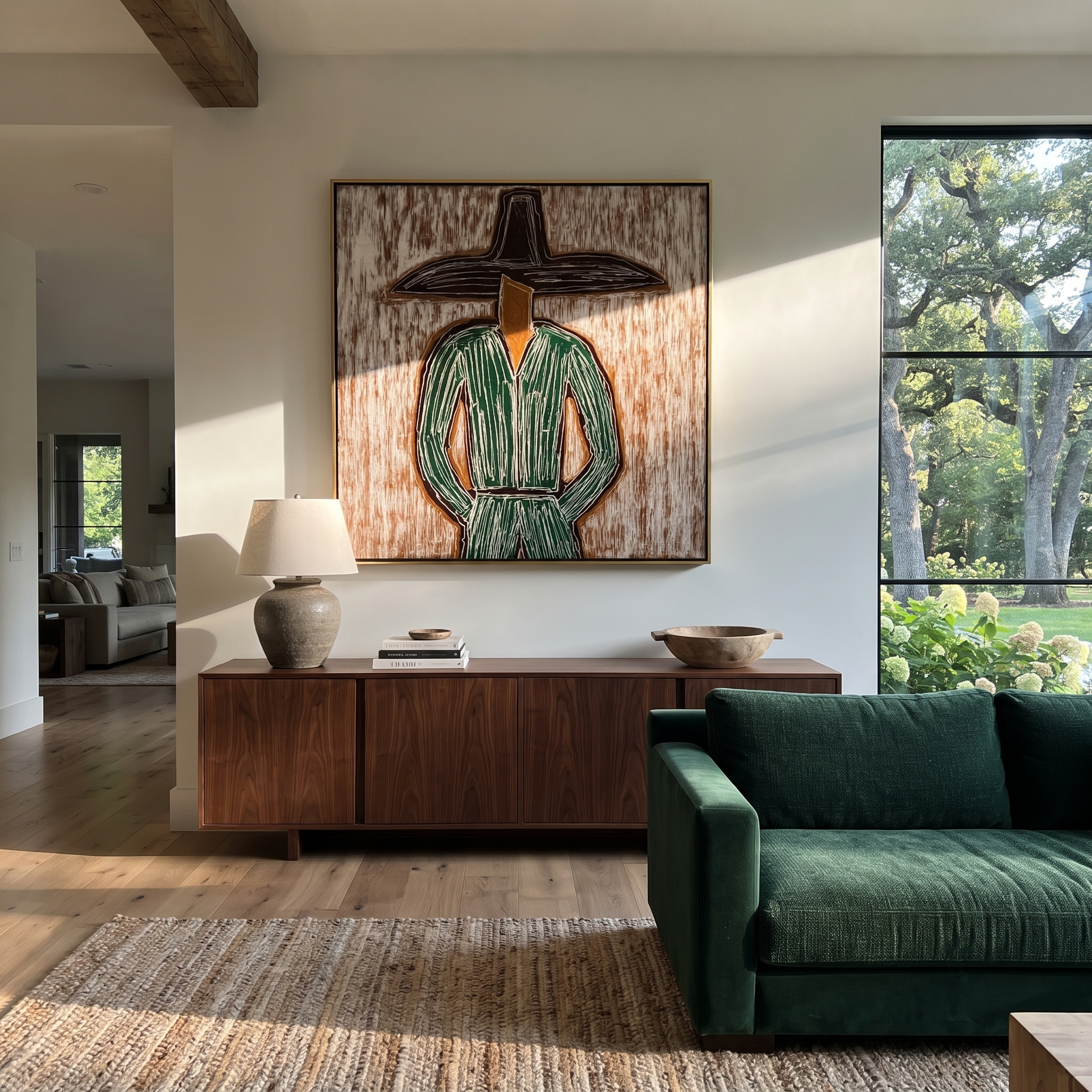 Green Lines Face Earth styled in a layered residential interior
