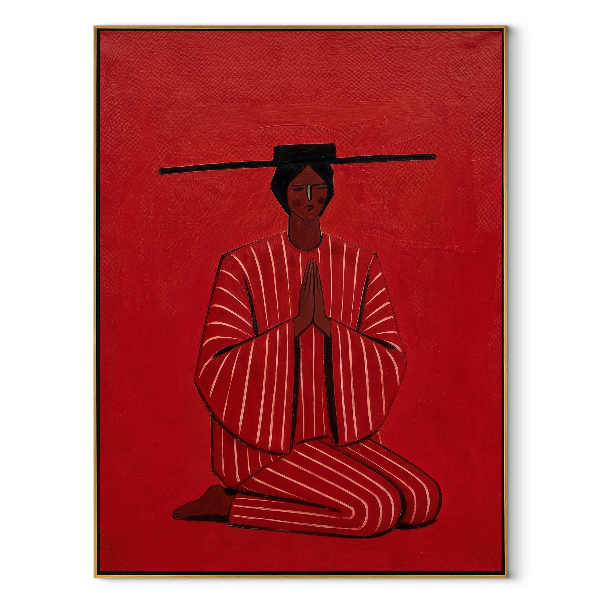 Red Silence Bows Down abstract figurative textured painting, vertical canvas artwork