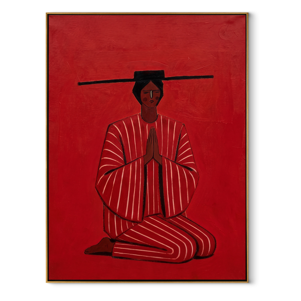Red Silence Bows Down – Kneeling Red Figure Painting | Mid-Century Modern Vertical Wall Art