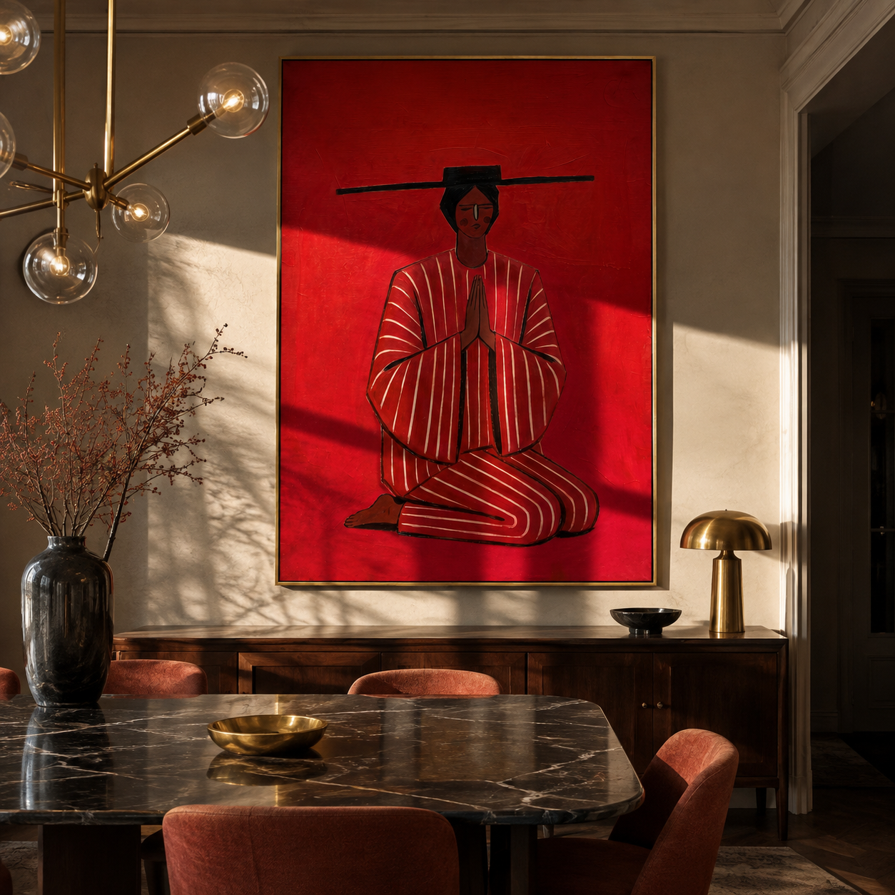 Red Silence Bows Down styled with neutral modern furnishings