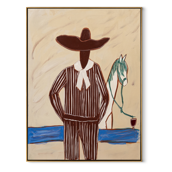 Brown Brim Walks Water – Figure with Horse and Wine Painting | Mid-Century Modern Vertical Wall Art