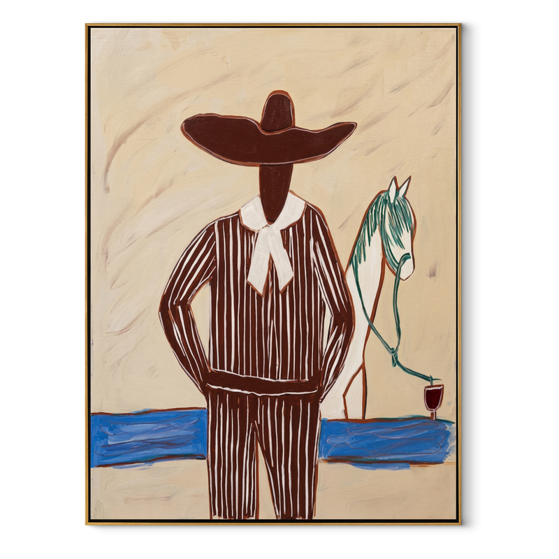 Brown Brim Walks Water – Figure with Horse and Wine Painting | Mid-Century Modern Vertical Wall Art