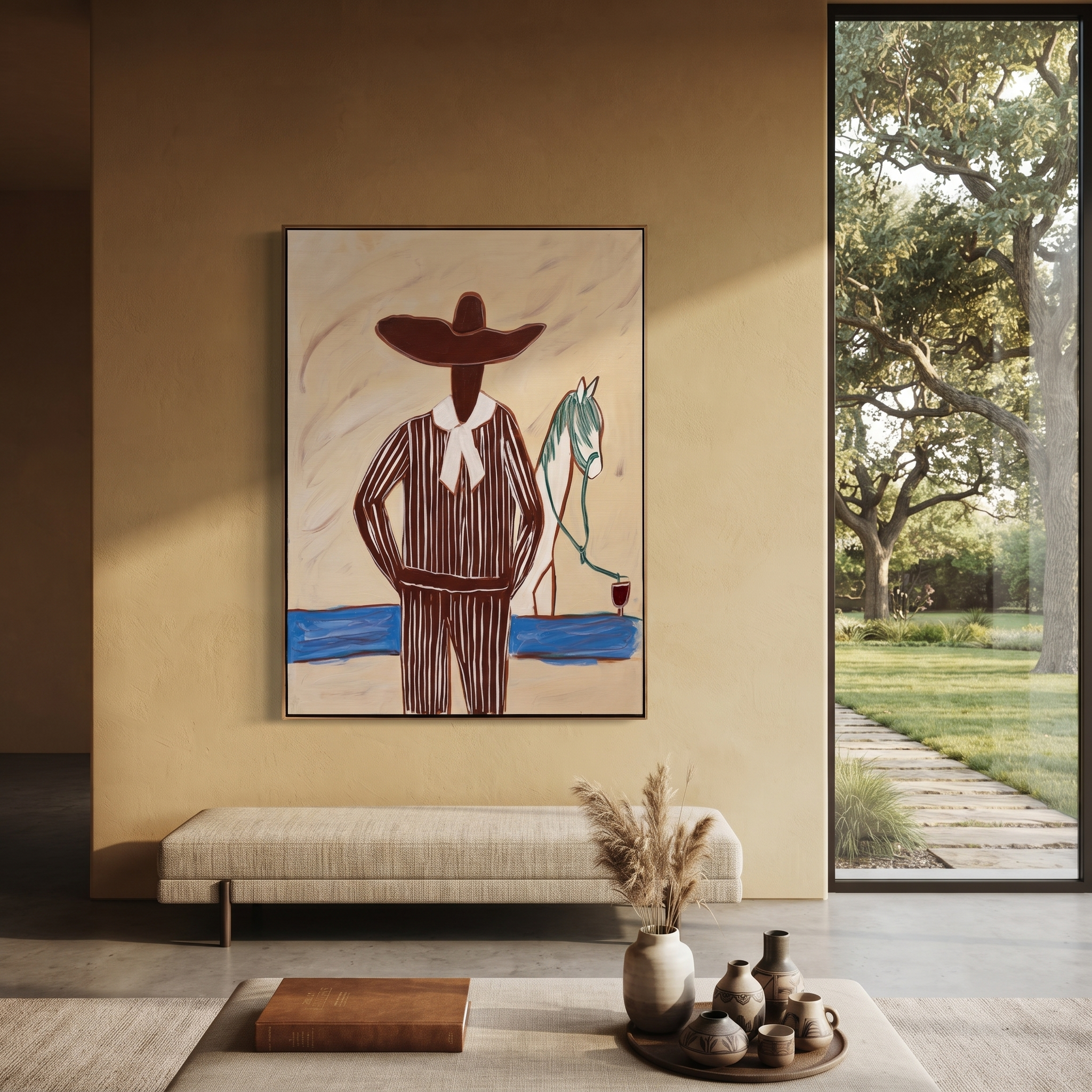Brown Brim Walks Water presented above a contemporary console