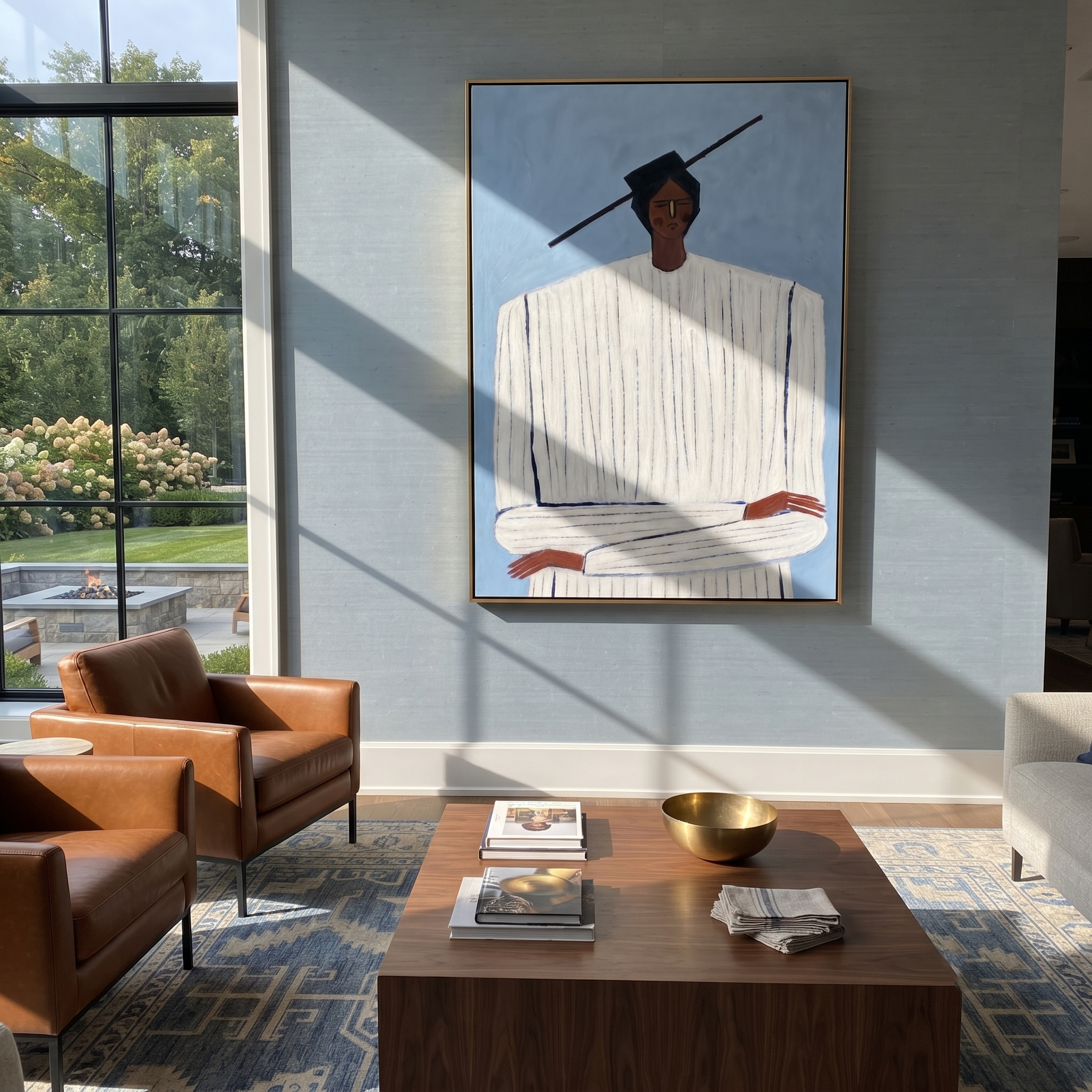 White Lines Meet Sky displayed in a warm contemporary interior