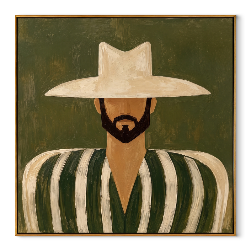 White Brim Guards Moss – Bearded Green Stripe Figure Painting | Mid-Century Modern Square Wall Art