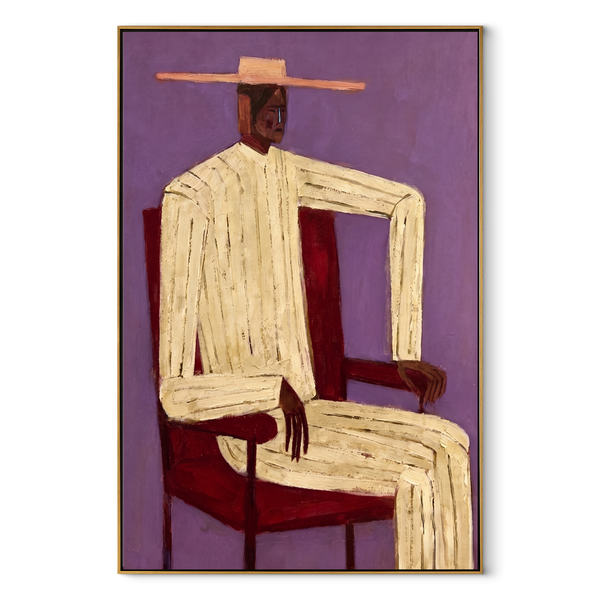 Cream Angles Sit Violet – Seated Cream Figure Painting | Mid-Century Modern Vertical Wall Art