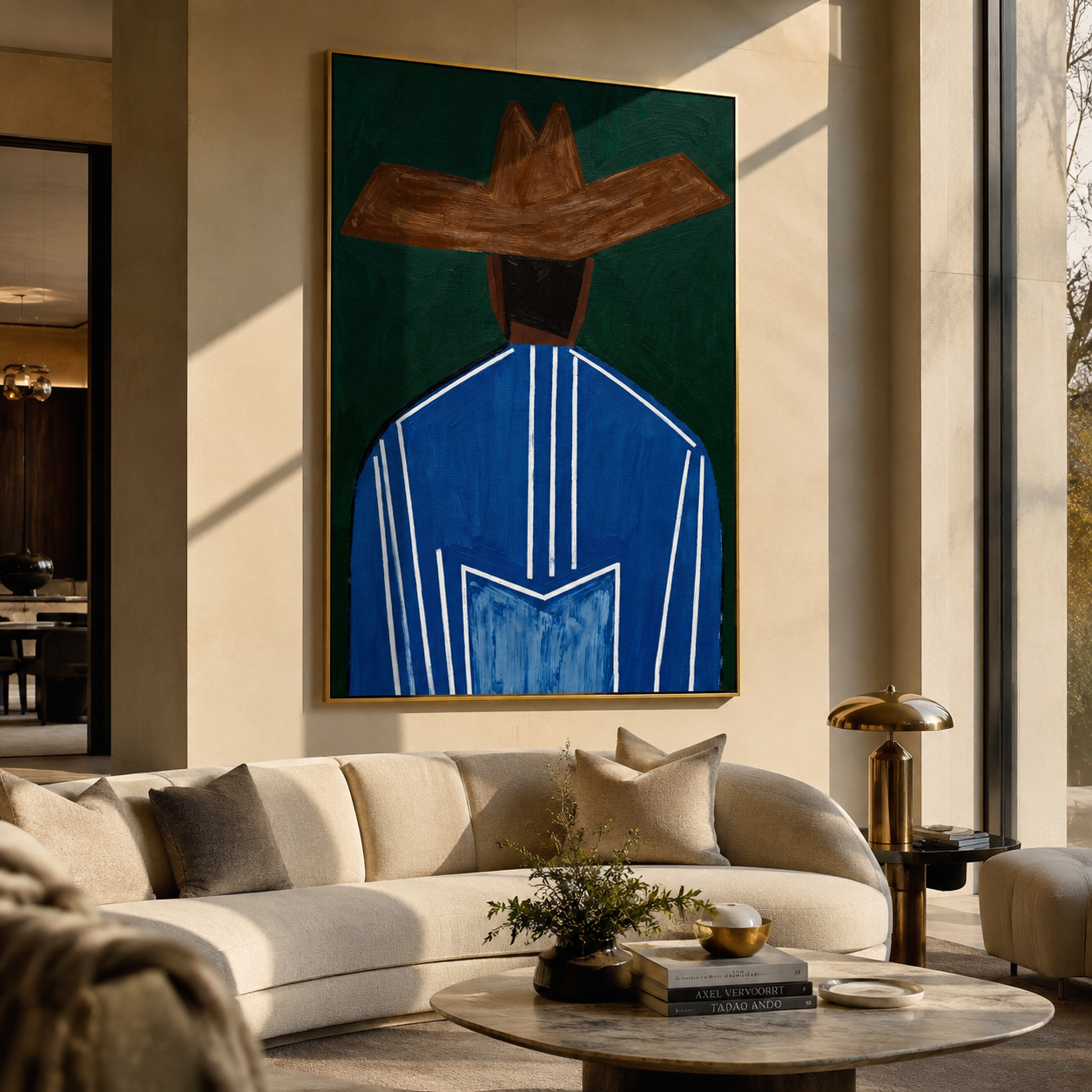 Blue Back Holds Green displayed in a warm contemporary interior