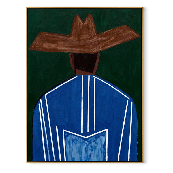 Blue Back Holds Green – Back View Blue Figure Painting | Mid-Century Modern Vertical Wall Art