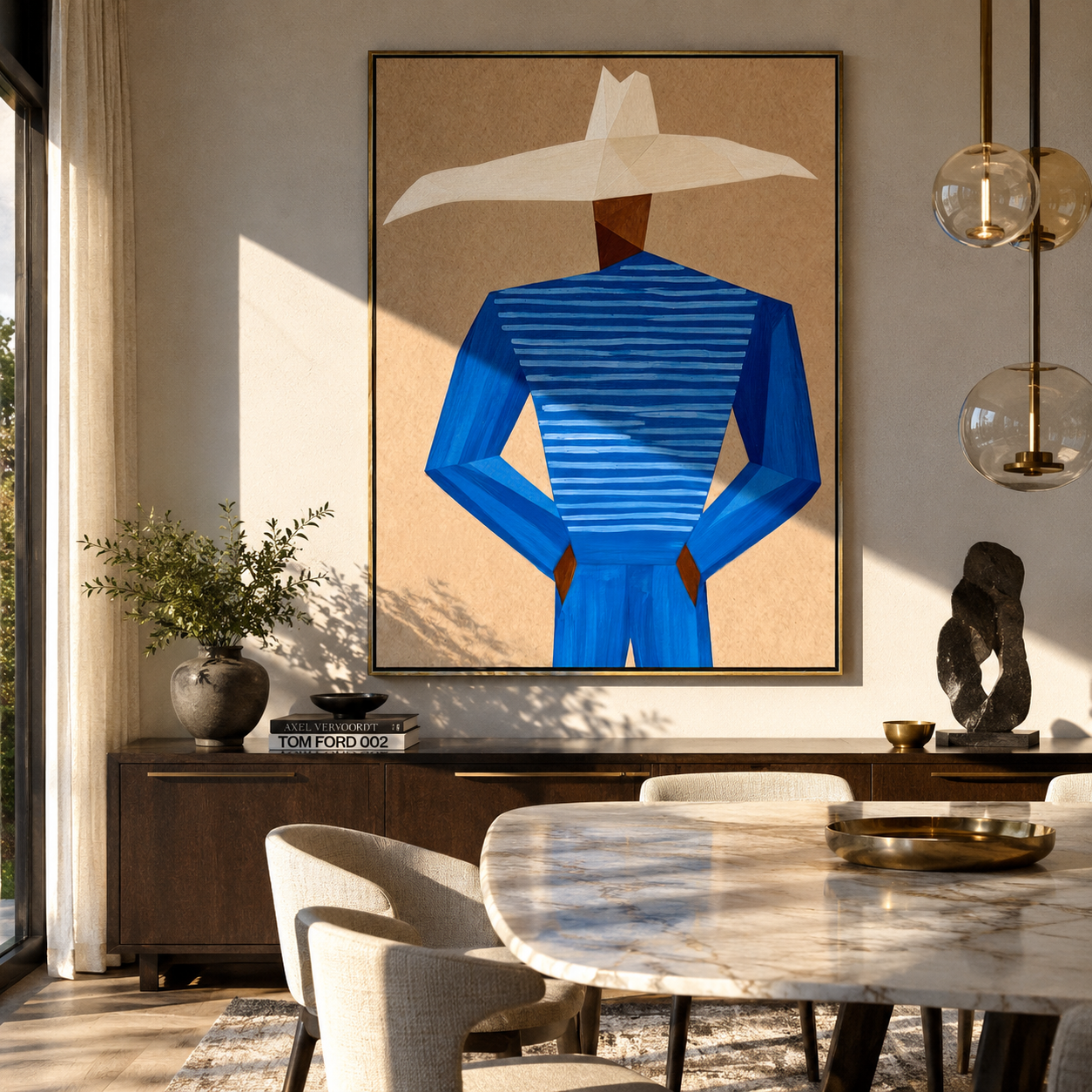 Blue Geometry Wears White displayed in a warm contemporary interior