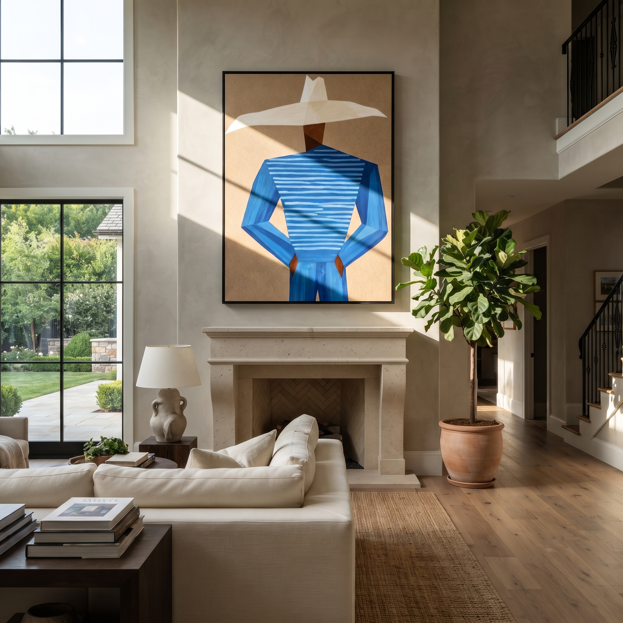 Blue Geometry Wears White styled with neutral modern furnishings