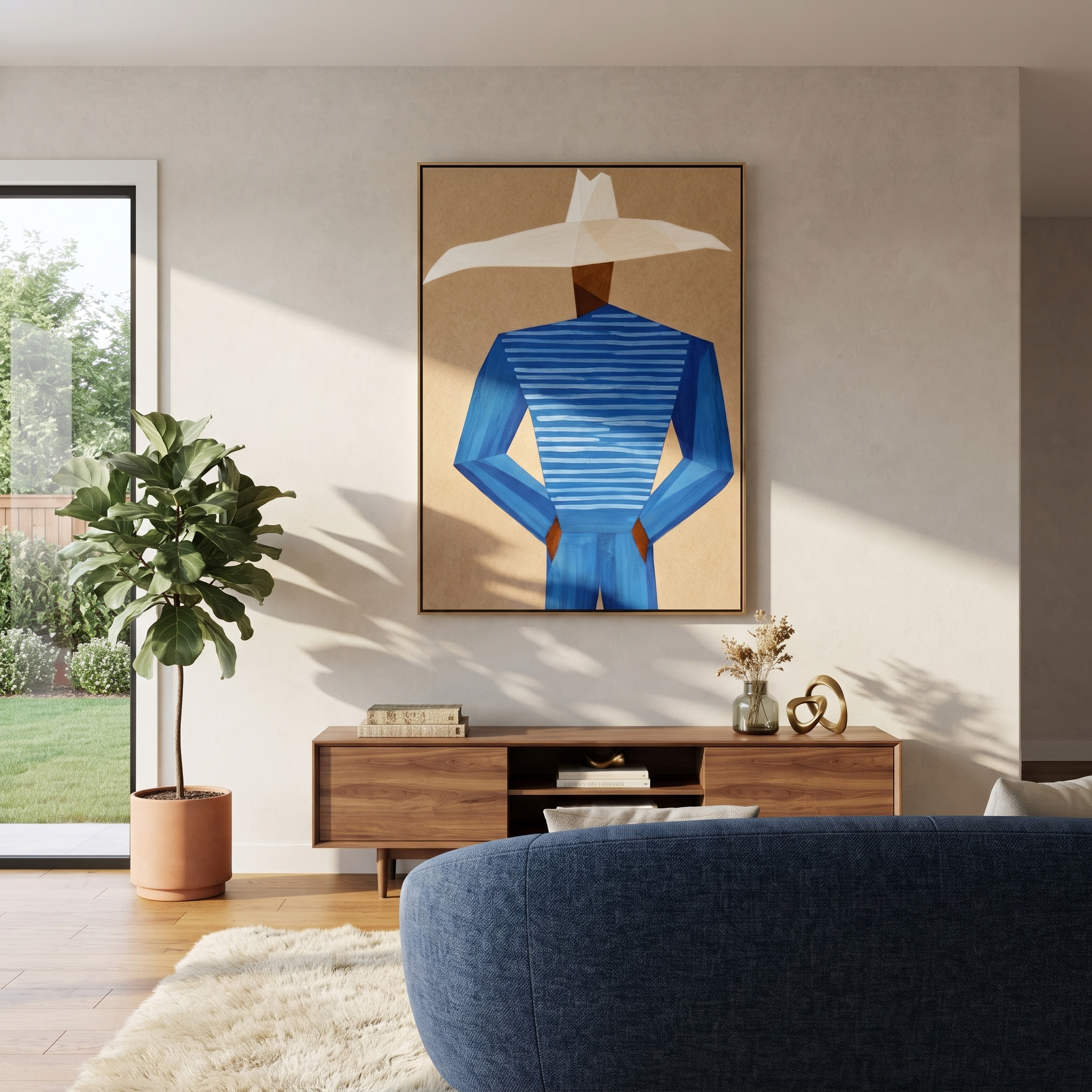 Blue Geometry Wears White presented above a contemporary console