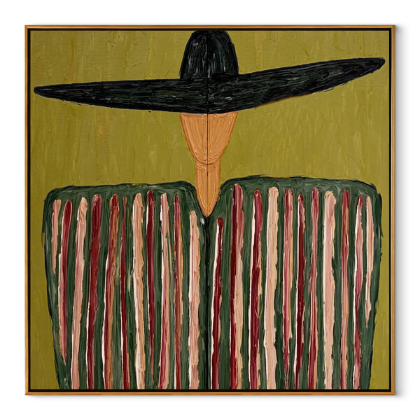 Black Brim Crowns Stripes – Black Hat Striped Figure Painting | Mid-Century Modern Square Wall Art