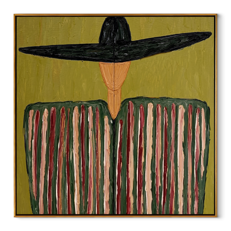 Black Brim Crowns Stripes – Black Hat Striped Figure Painting | Mid-Century Modern Square Wall Art