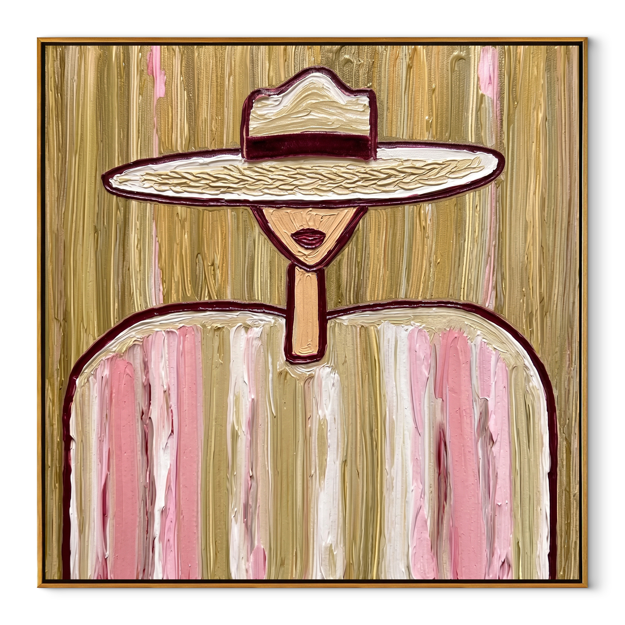 Pink Lines Hold Gold abstract figurative textured painting, square canvas artwork