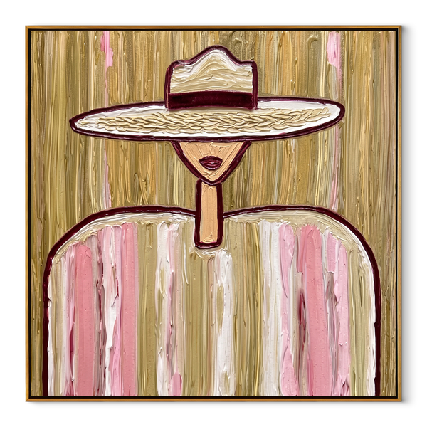 Pink Lines Hold Gold – Pink Striped Woman Painting | Mid-Century Modern Square Wall Art