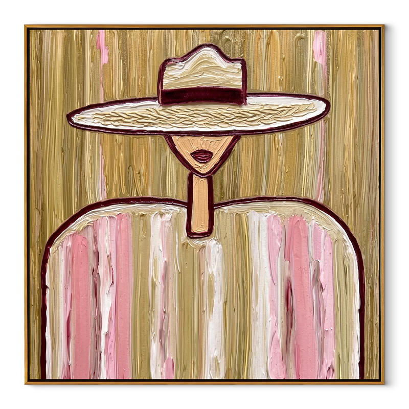 Pink Lines Hold Gold – Pink Striped Woman Painting | Mid-Century Modern Square Wall Art