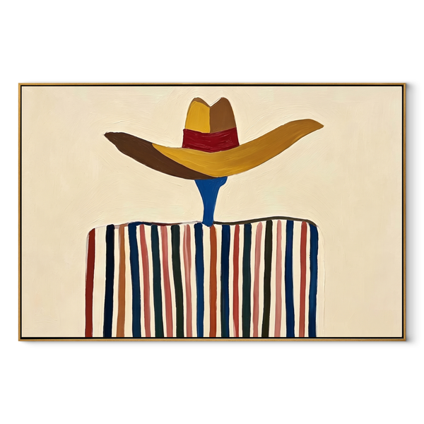 Brown Brim Floats Ivory – Wide Hat Stripe Figure Painting | Mid-Century Modern Horizontal Wall Art