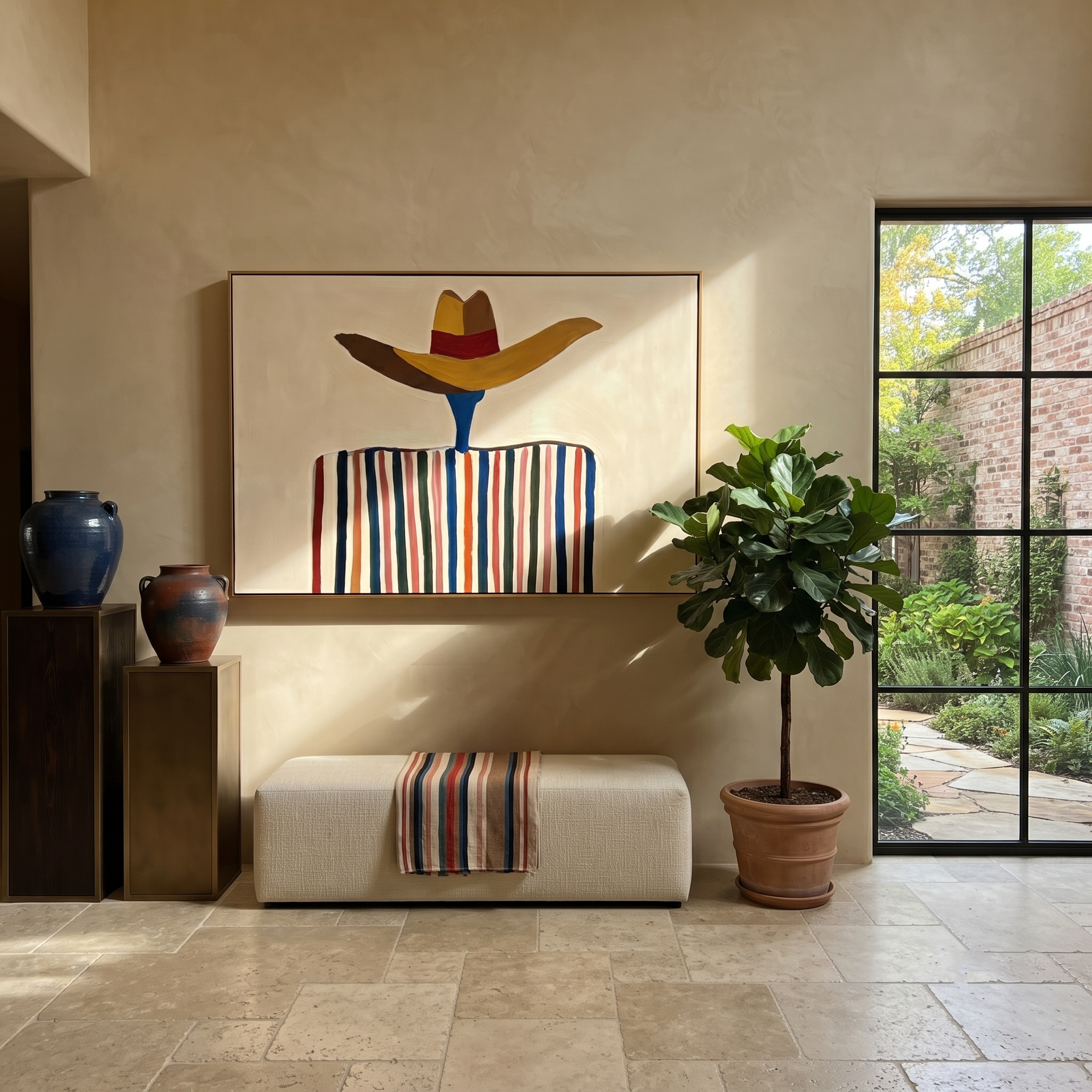 Brown Brim Floats Ivory styled with neutral modern furnishings