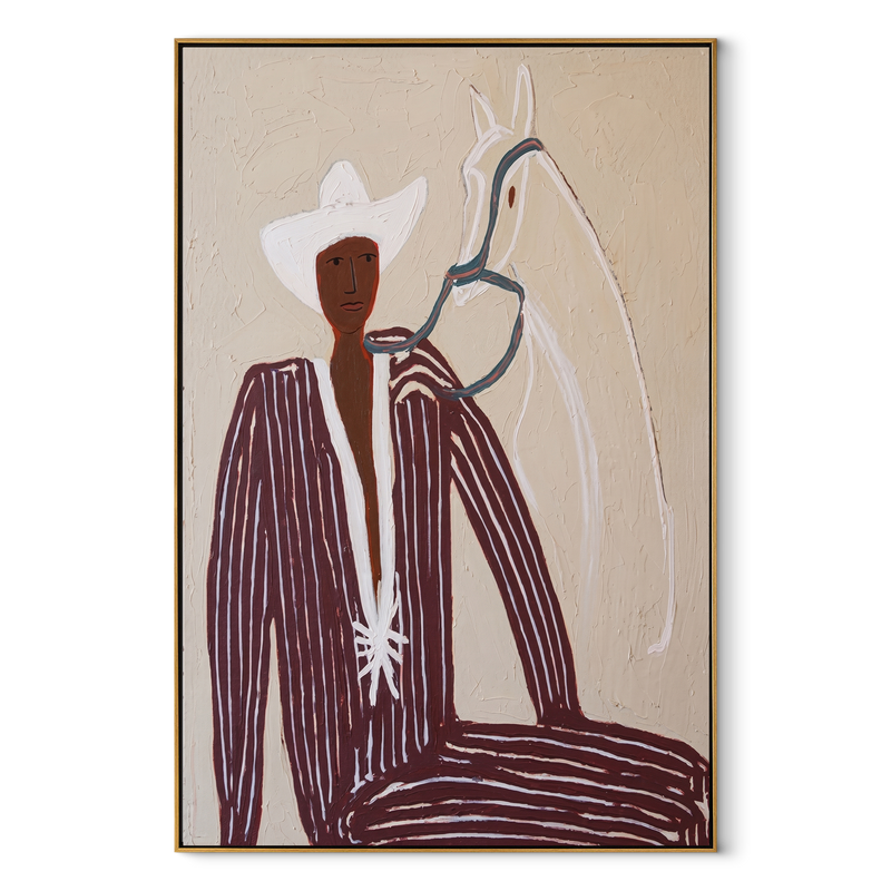 White Rider Shares Sand – White Horse and Figure Painting | Mid-Century Modern Vertical Wall Art