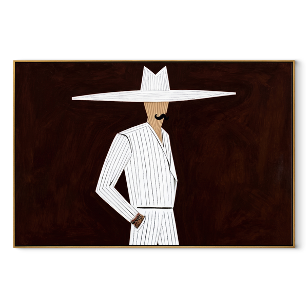 White Suit Cuts Umber – White Hat Side Figure Painting | Mid-Century Modern Horizontal Wall Art