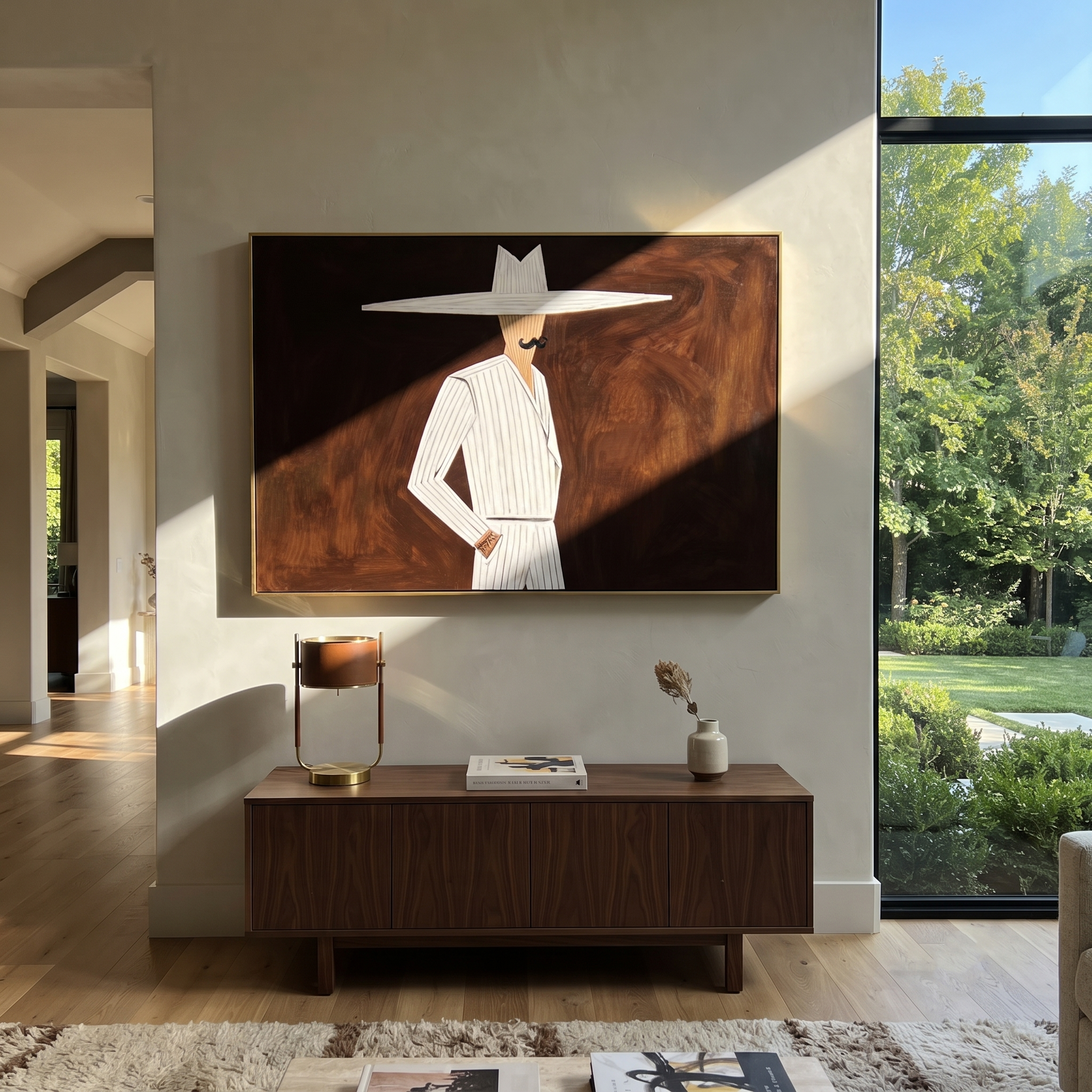 White Suit Cuts Umber presented above a contemporary console