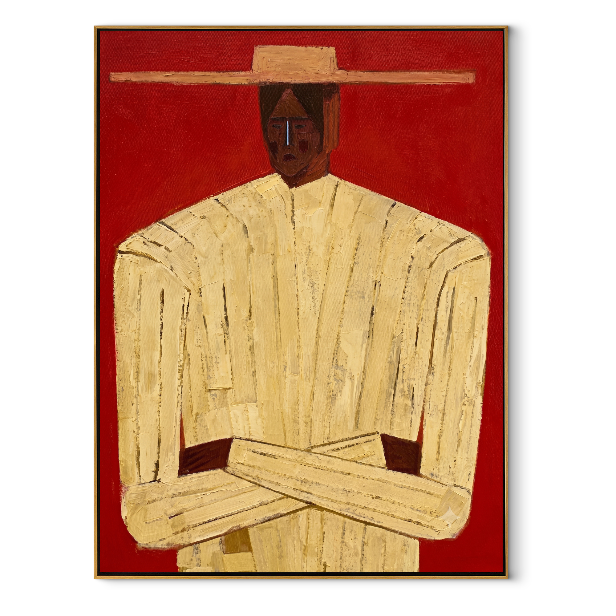 Cream Figure Meets Red abstract figurative textured painting, vertical canvas artwork