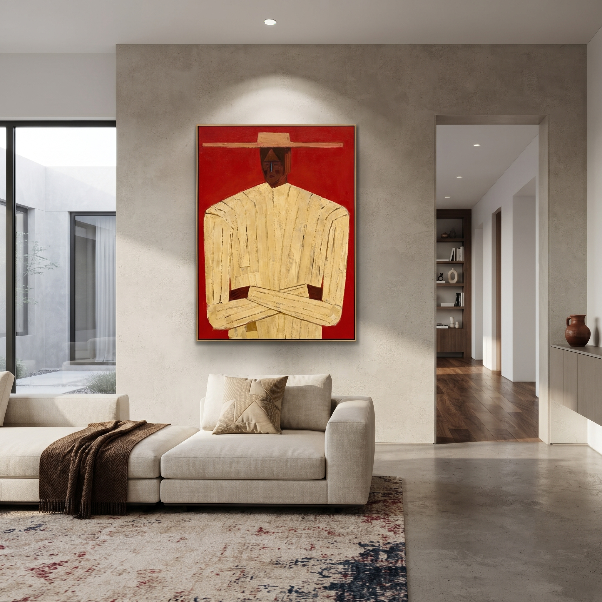 Cream Figure Meets Red displayed as a modern room focal point