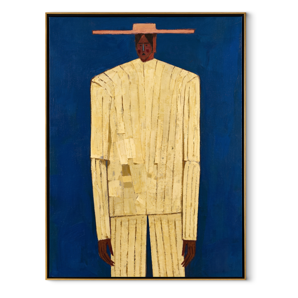 Cobalt Holds Cream Figure – Cream Portrait Blue Ground Painting | Mid-Century Modern Vertical Wall Art